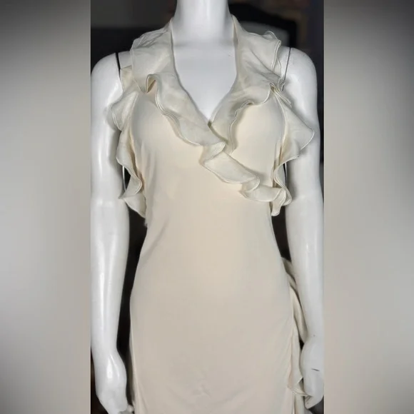 Jean Paul Gaultier Cream Silk & Rayon Backless Ruffle Halter Wrap Dress, Sz L - Picture 3 of 16